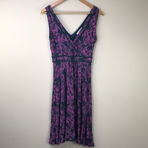 Boden green purple floral bird print midi dress viscose size 4R EUC